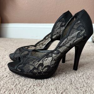 Coach and Four Black Lace Peep-Toe Heels